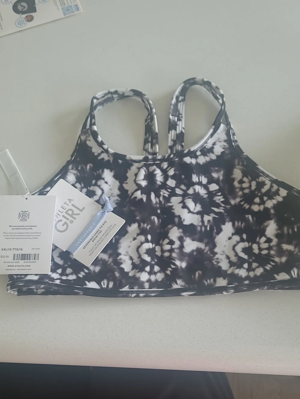 Athleta Girl Reversible Black & White Camo Tie-Dye Bikini Top